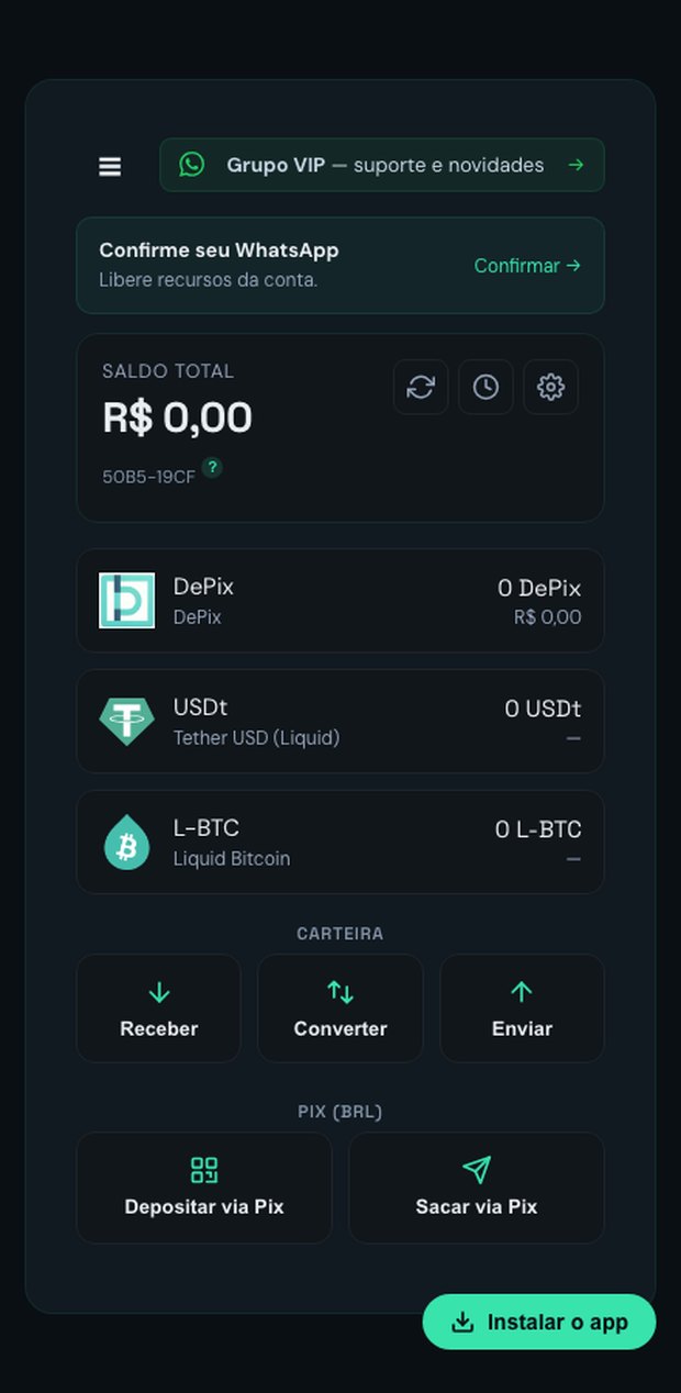 Tela inicial da Carteira Integrada no DePix App mostrando saldo e as acoes Receber, Converter, Enviar, Depositar e Sacar via Pix