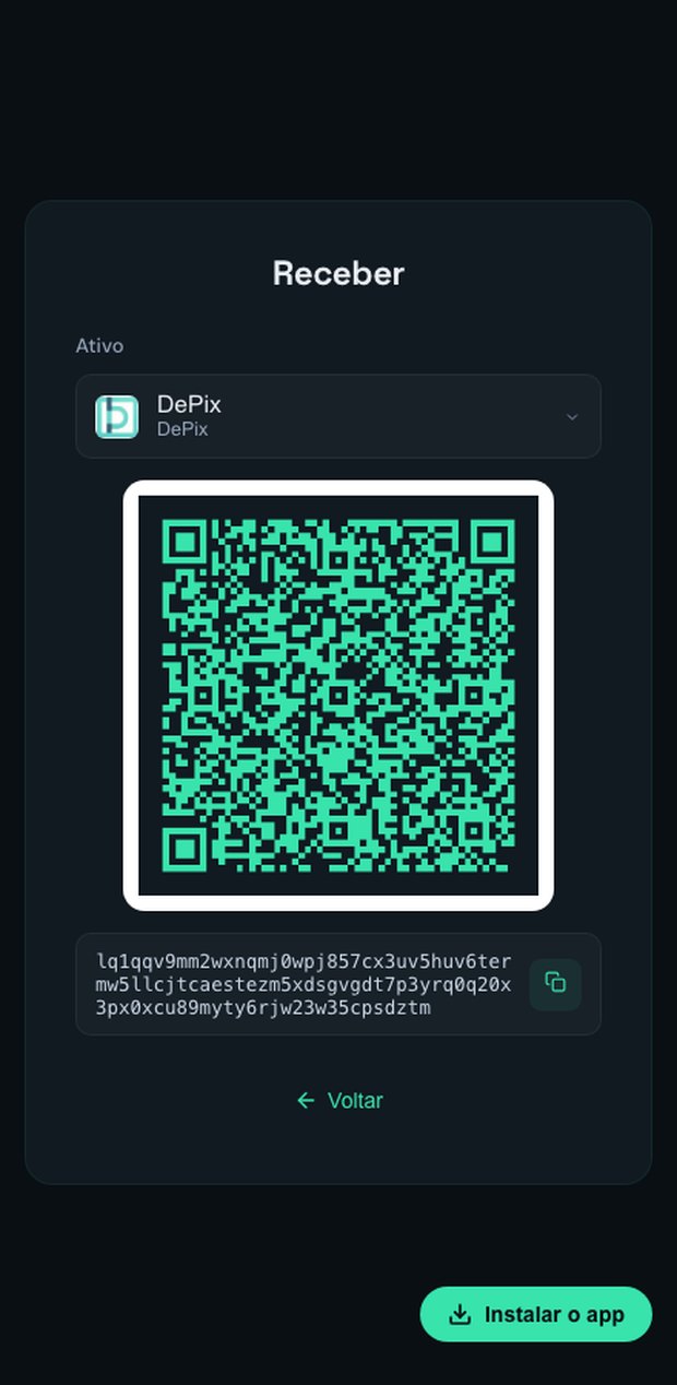 Tela Receber da Carteira Integrada no DePix App com QR code e endereco Liquid proprio