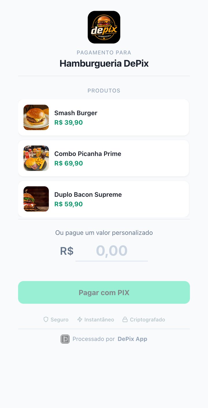 Pagina de checkout da Hamburgueria DePix com logo, produtos e botao Pagar com Pix