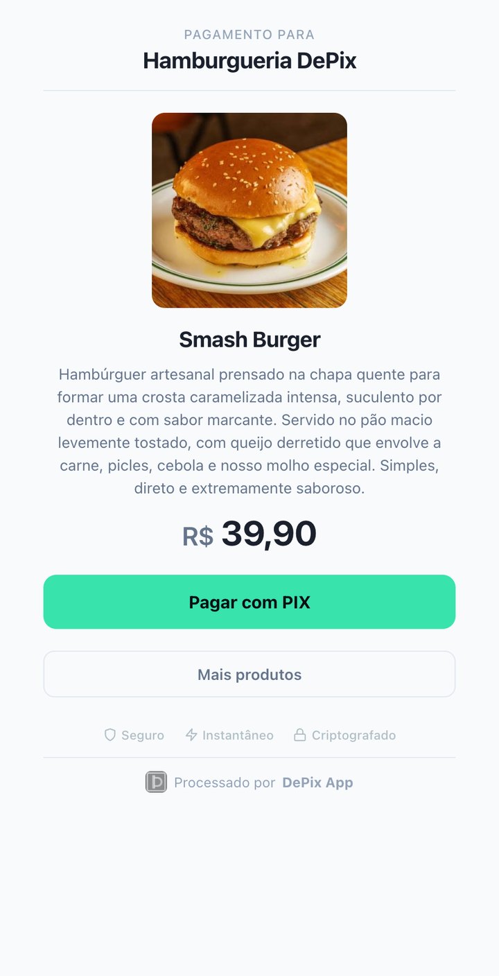 Pagina do produto Smash Burger no checkout do DePix App, com foto, descricao, preco e botao Pagar com Pix